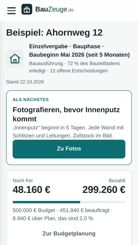 Projektübersicht in BauZeuge, Beispielprojekt: als Nächstes fotografieren vor dem Innenputz, 48.160 Euro vom Budget noch frei, 299.260 Euro bezahlt